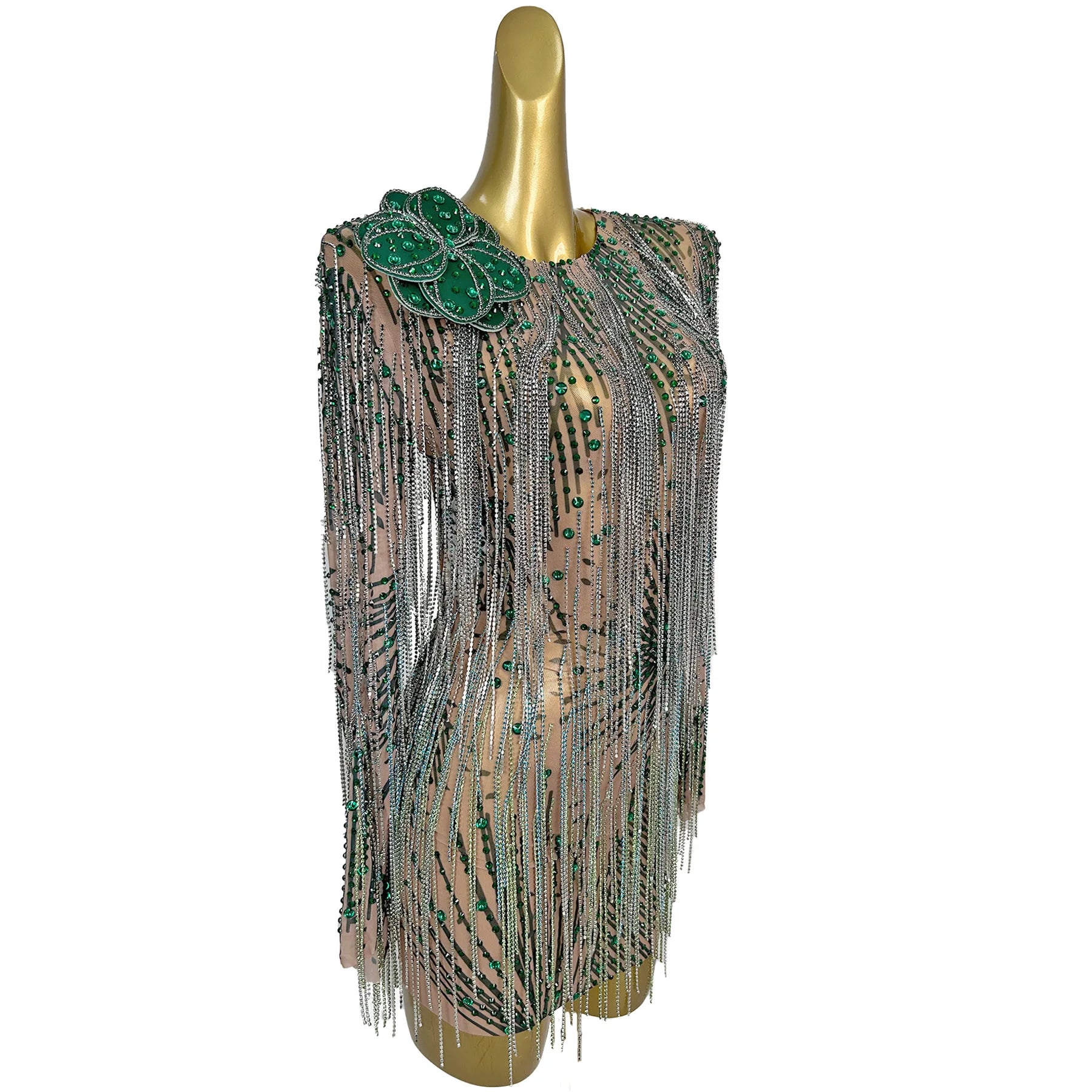 Sexy Luxury See Through Mesh Full Tassel Mini Dress Backless Sparkly Rhinestone Evening Dress Nightclub Party Show Outfit