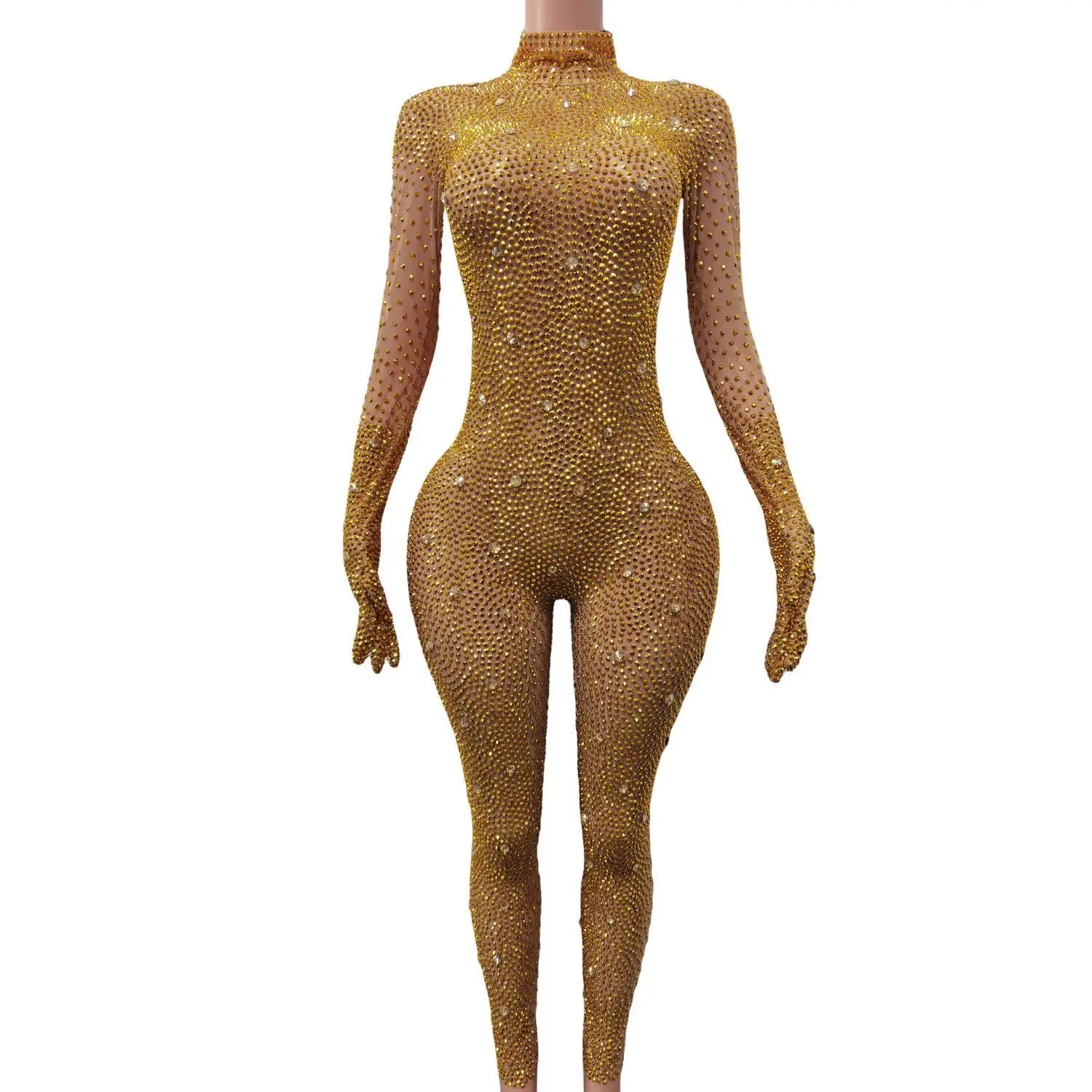 Sexy Shining Gold Rhinestones Jumpsuit Mesh Transparent Birthday Celebrate Bodysuit Nightclub Singer Dance Leggings