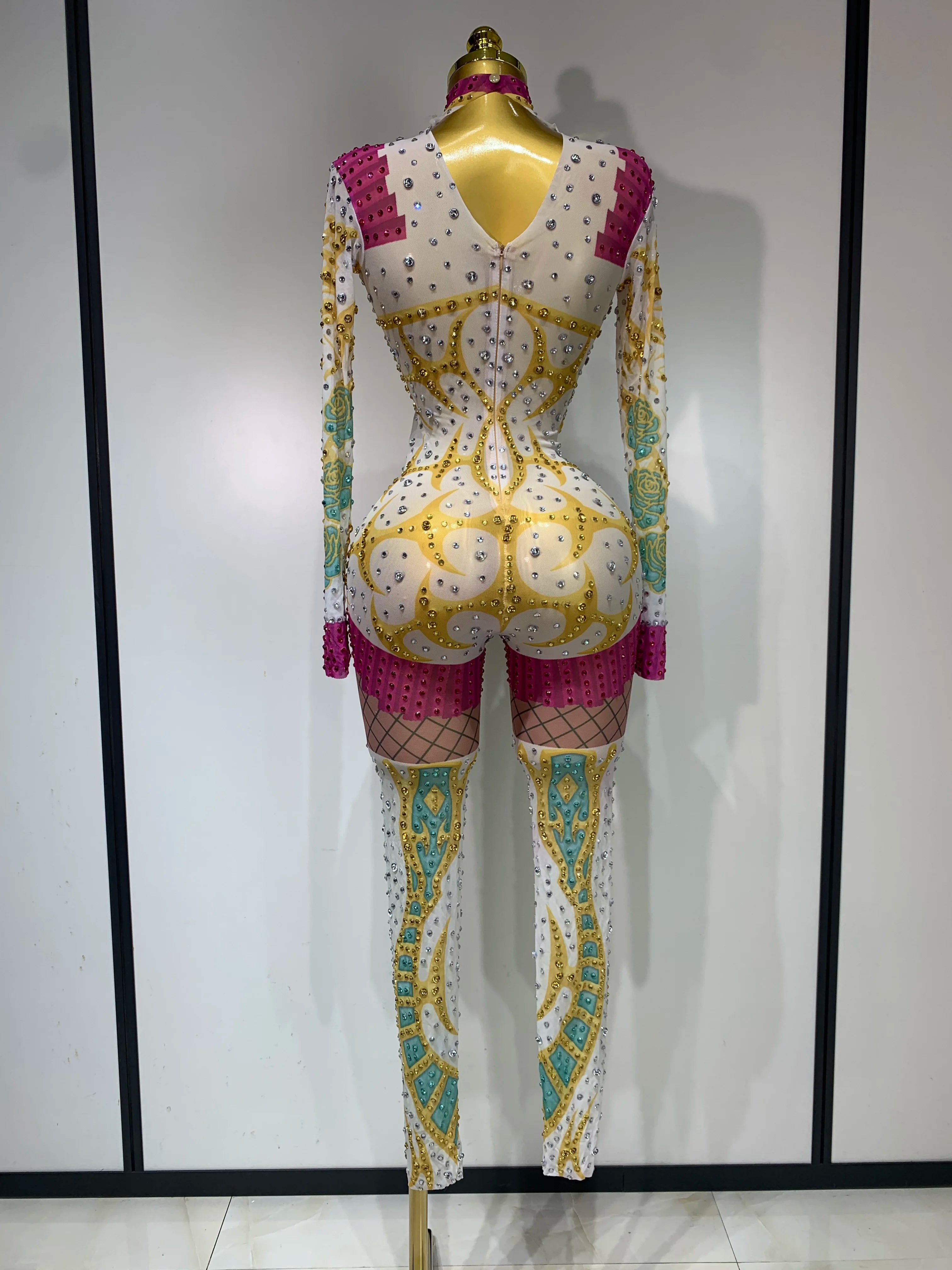 Sparkly Rhinestones Jumpsuit Fashion High Street Sexy Printed Stretch Dance Costume Singer Nightclub Stage Perform Outfit