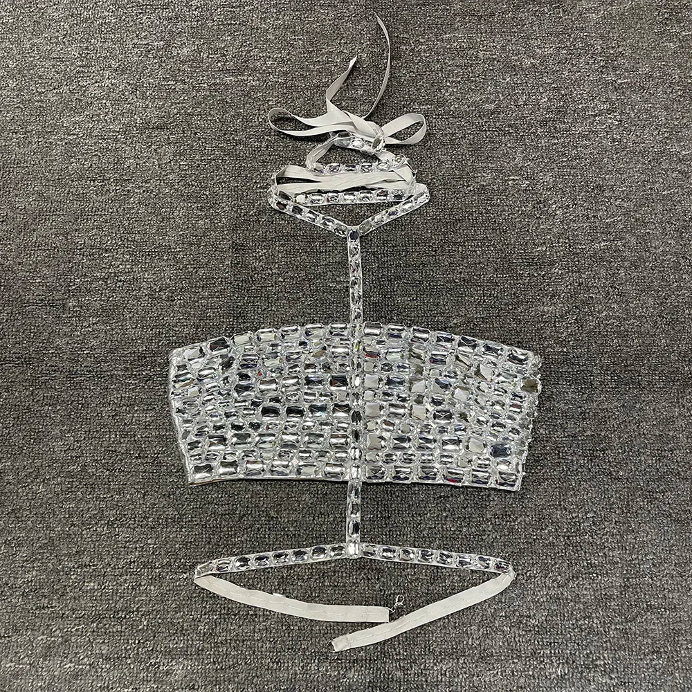 Celebrity Fashion Red Carpet Outfits Women's Shiny Hand Stitched Large Silver Acrylic Sexy Halter Zip Top TV