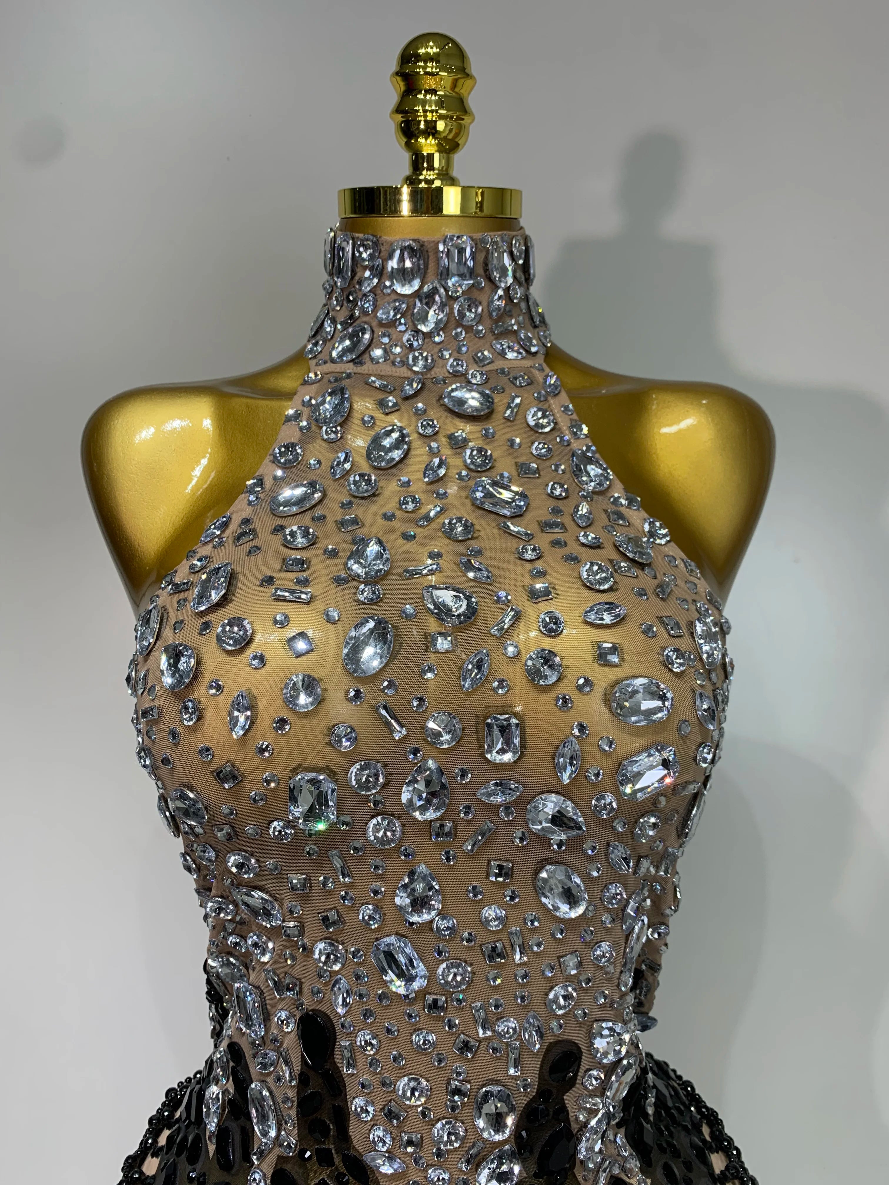 Sparkly Crystals Beading Short Dress Women Sexy Backless Mesh See Through Evening Prom Celebrate Birthday Dress Photo Shoot Wear