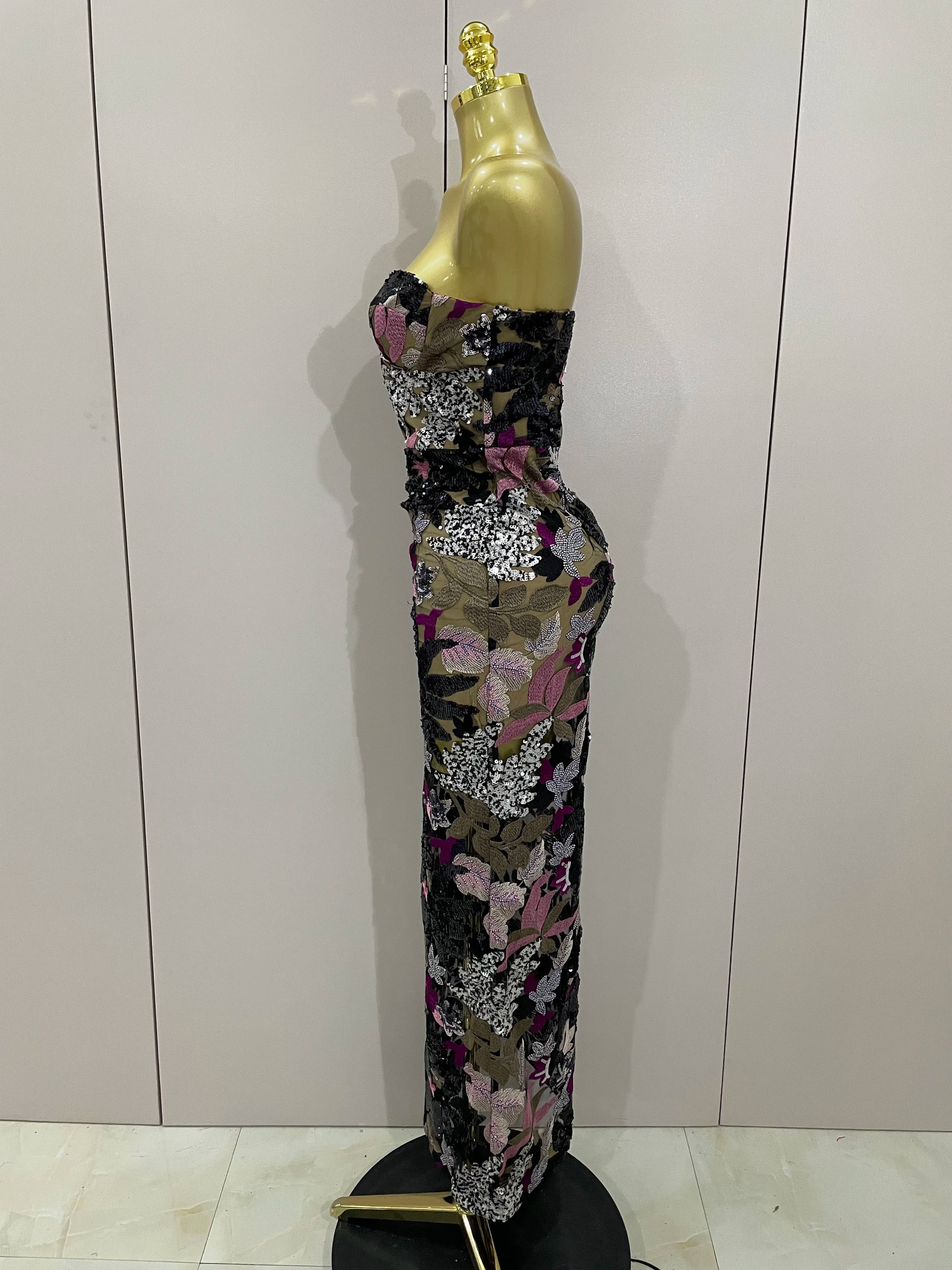 New Sexy Strapless Floral Sequin Long Dress Women Sequins Flower Backless Long Slim Dress Evening Party Runway Gown Dress