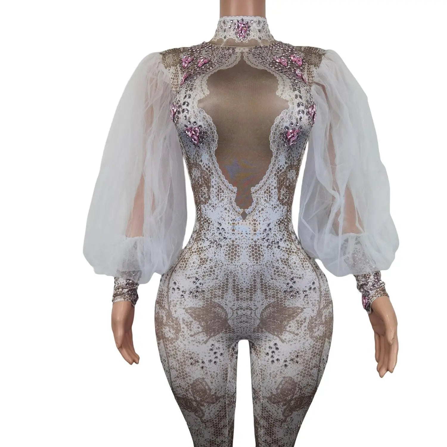 Fashion White Lace Puff Sleeve Rompers Dancer Sexy Bodysuit Tight Fitting Rhinestone Jumpsuit Woman Birthday Party Festival Wear