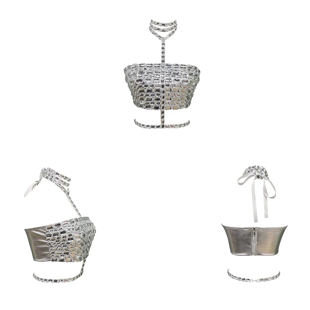 Celebrity Fashion Red Carpet Outfits Women's Shiny Hand Stitched Large Silver Acrylic Sexy Halter Zip Top TV