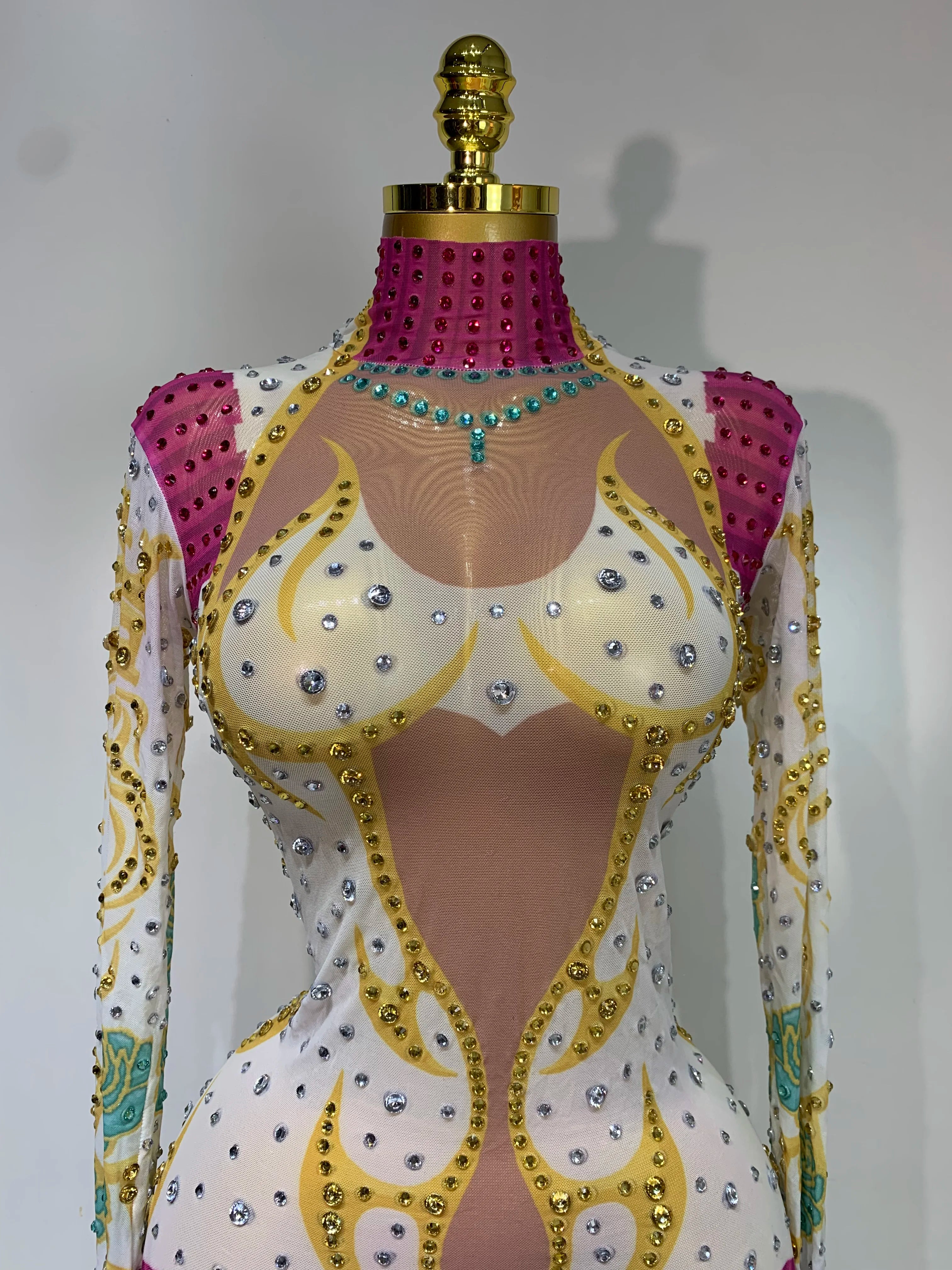 Sparkly Rhinestones Jumpsuit Fashion High Street Sexy Printed Stretch Dance Costume Singer Nightclub Stage Perform Outfit