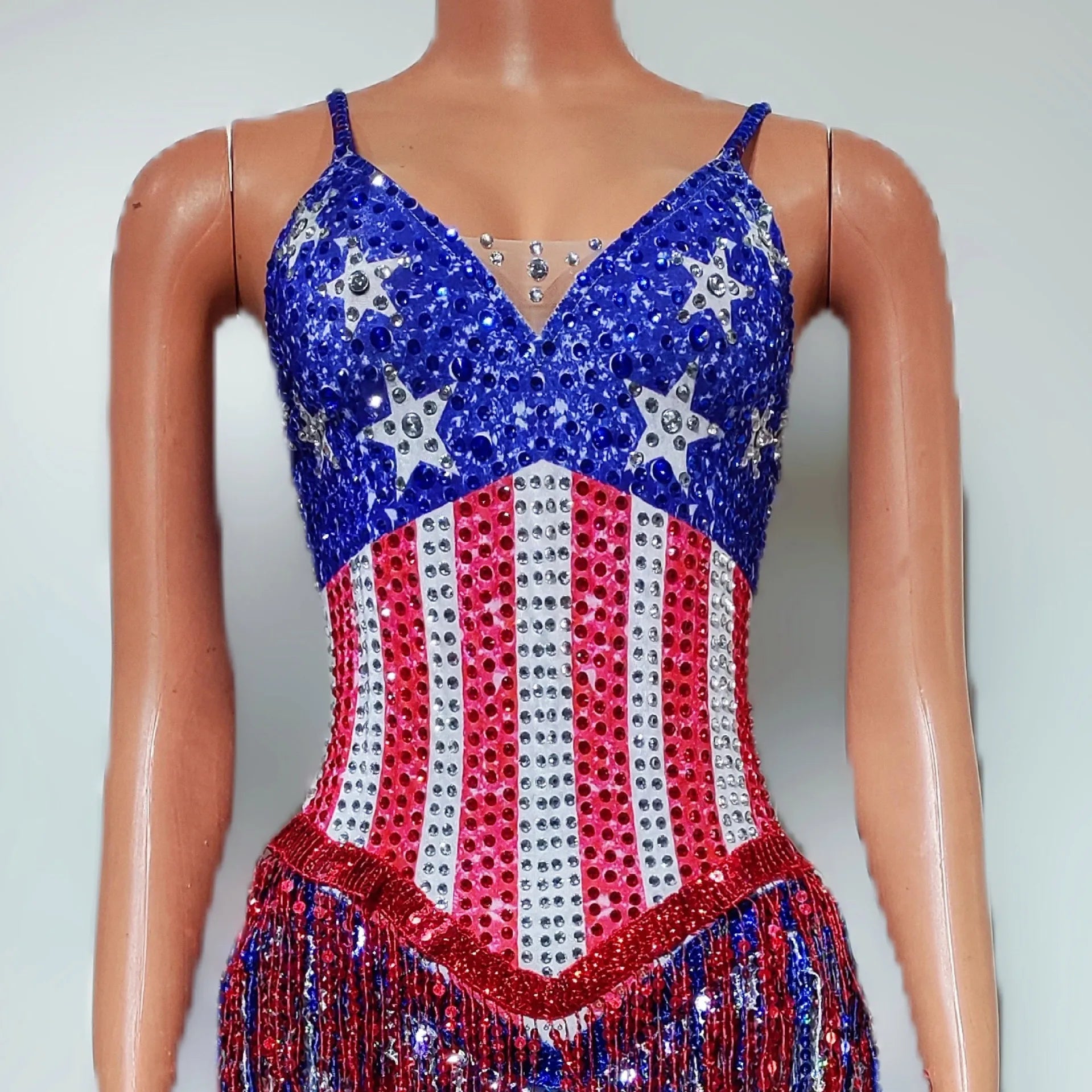 Women Luxury Beading Tassel Bodysuits Spaghetti V Neck Special Occassion Topic Evening Party Nightclub Stage Costumes