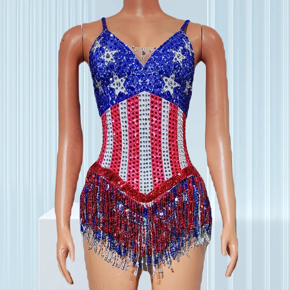 Women Luxury Beading Tassel Bodysuits Spaghetti V Neck Special Occassion Topic Evening Party Nightclub Stage Costumes