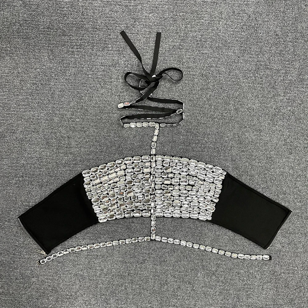 Celebrities' Same Style Silver Large Acrylic Halter Neck Tube Top Waist Tight Top Sexy Hottie Crystal Top