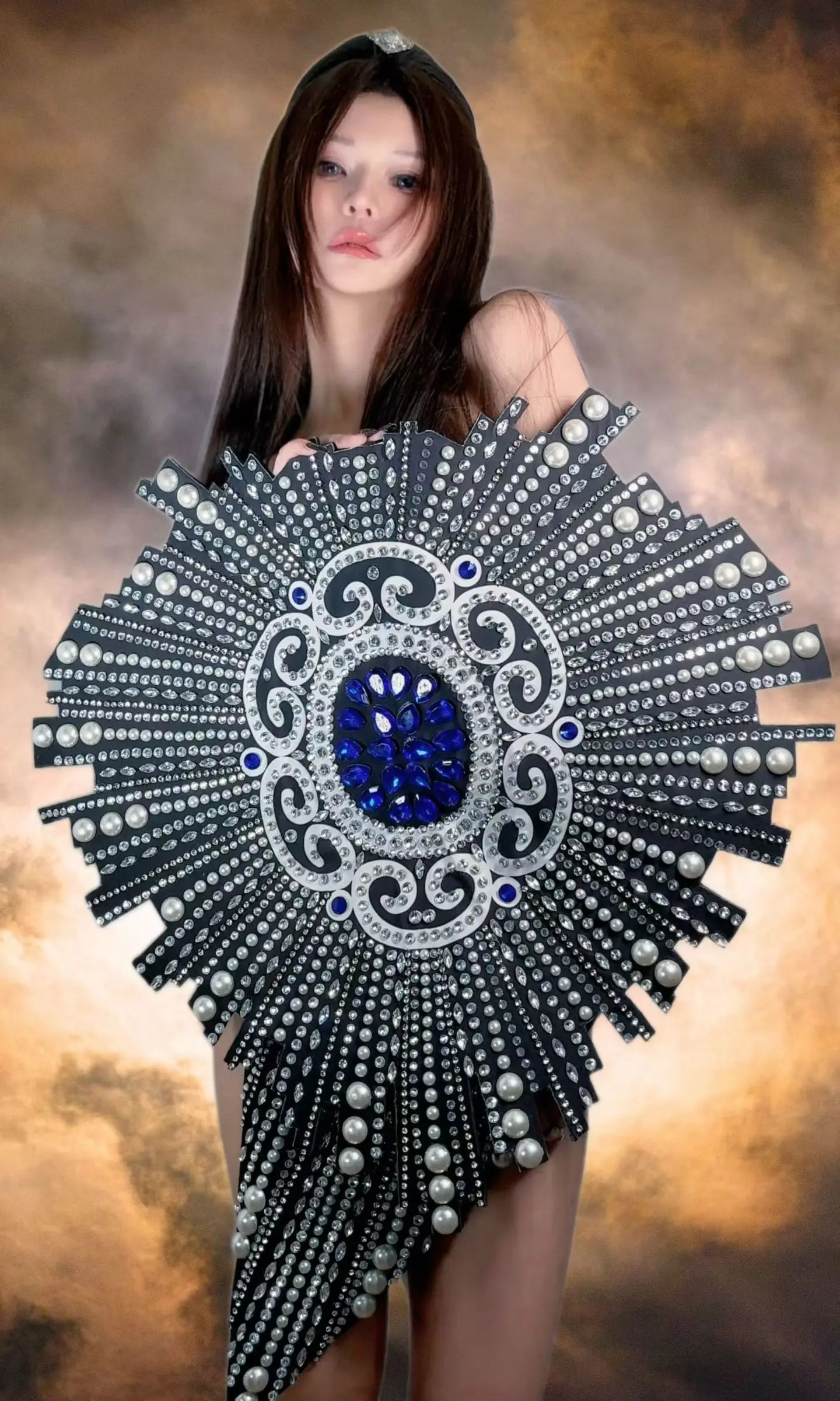 Showgirl Dance Sparkly Rhinestone White Pearls Black Bodysuit Club Drag Queen Performer Wear Masquerade Dress-up Outfit