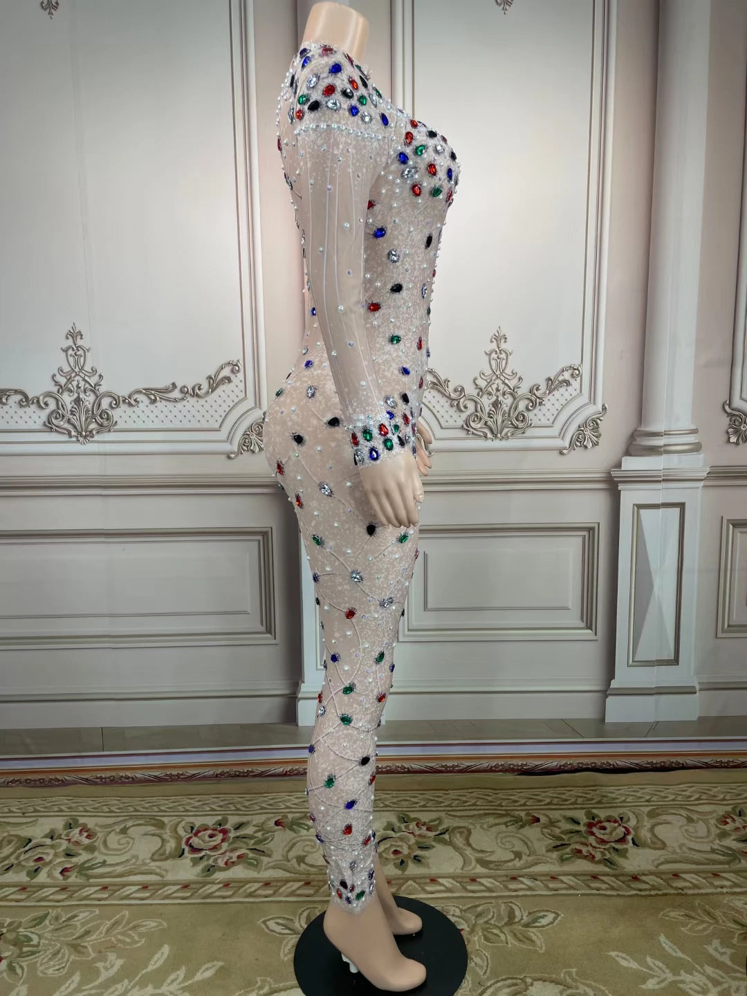 Lady Elegant Long Sleeve Rhinestone Jumpsuit Bling Diamond Beaded Evening Sexy City Dresses Woman Outfit Playsuit