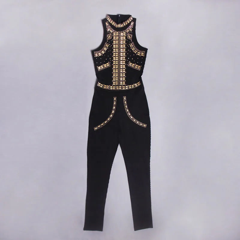 Black Luxury Diamond Pants Jumpsuit Women Fashion Sleeveless Hollow Out Party Bodysuit Elegant Pencil Pant One Pieces