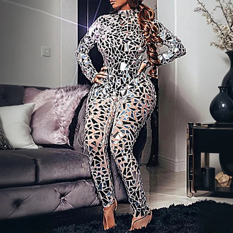 Glitter Silver Laser Mirror Long Sleeve Jumpsuit Women Bar Stage Performance Costume Holiday Party Turtleneck Sequin Costume