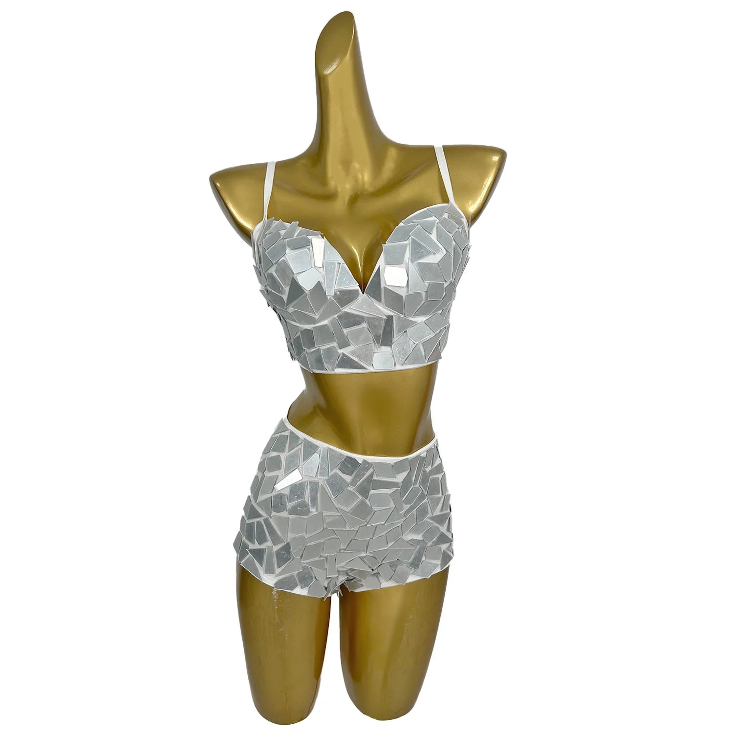 Sexy Mirror 2 Pcs Bikini Shorts Set for Women Summer Beach Celebrate Outfits Las Vegas Show Dance Drag Queen Costume