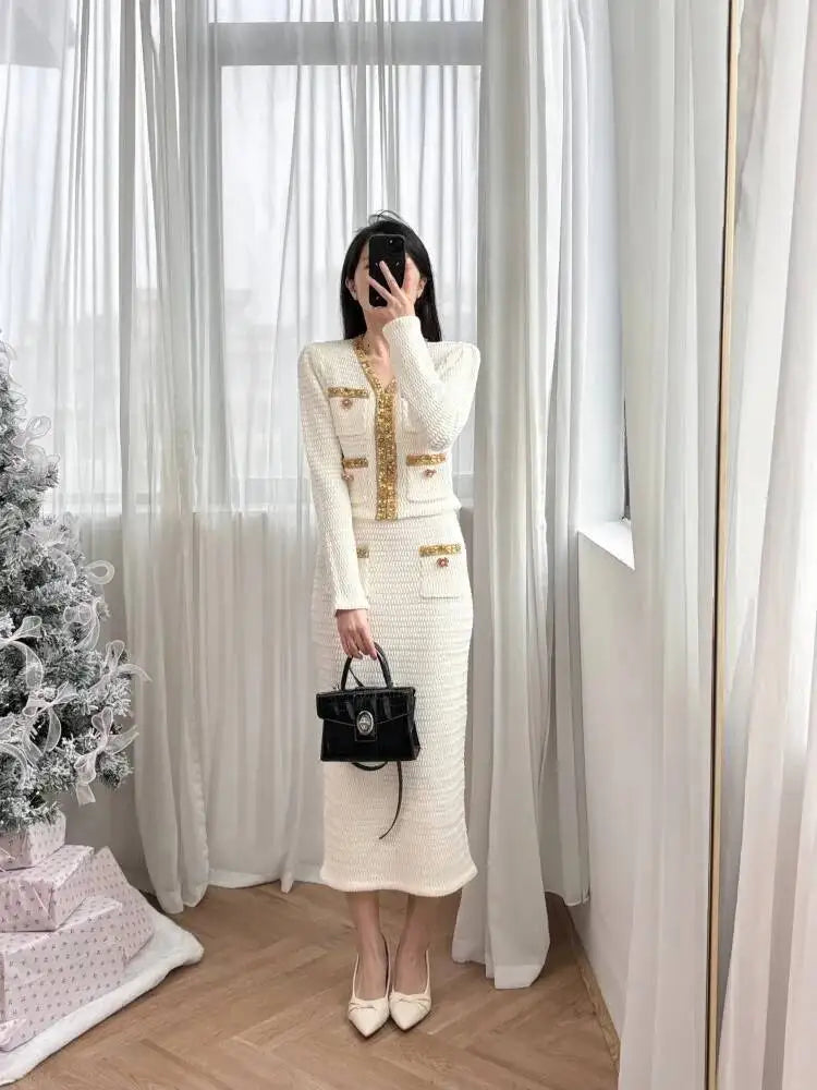 Luxury Crystal Long Evening Dresses Women 2 Piece Women Skirt Suits Beading Knitting Cardigans Sweater Long Pencil Skirts Sets
