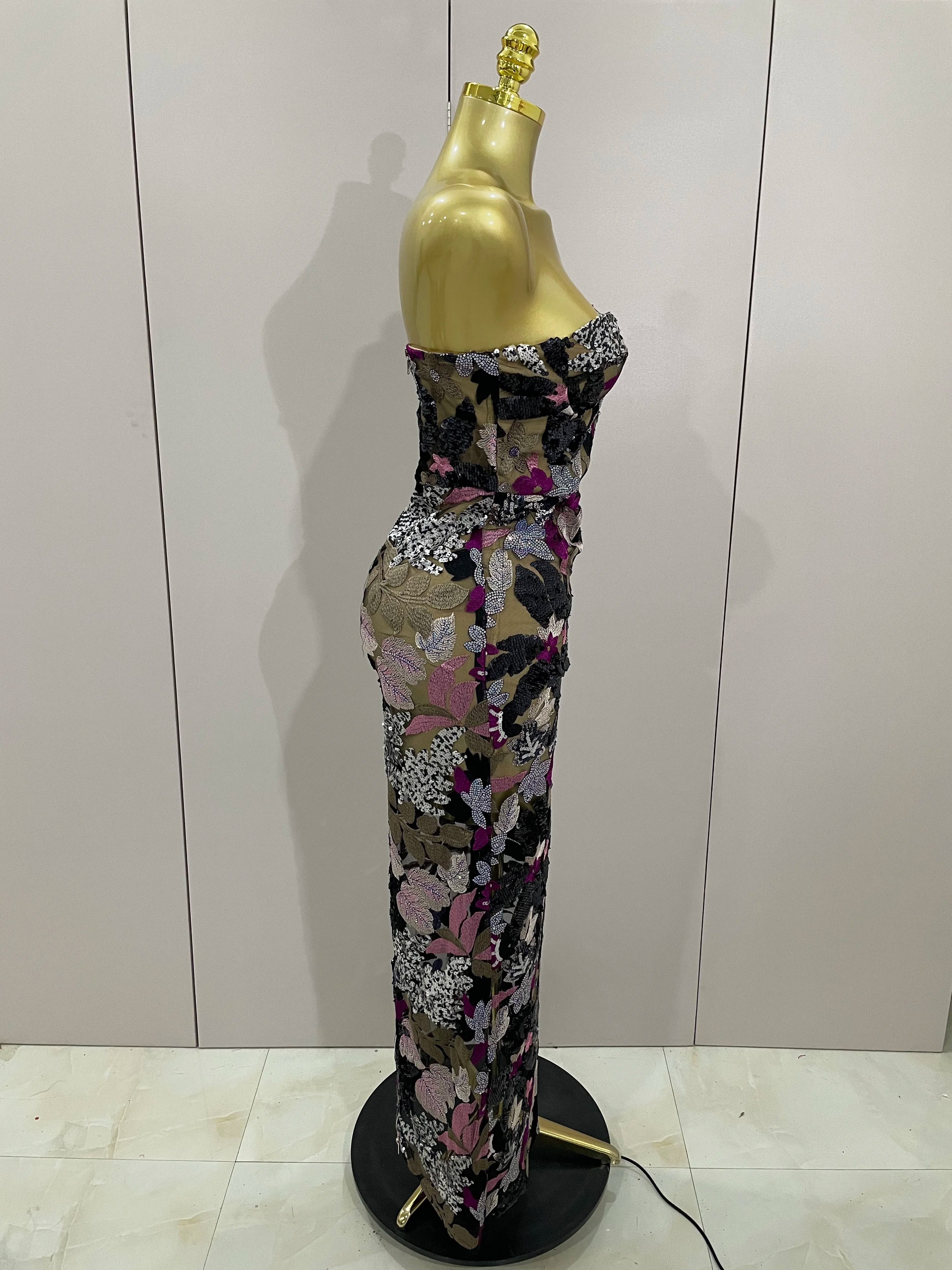 New Sexy Strapless Floral Sequin Long Dress Women Sequins Flower Backless Long Slim Dress Evening Party Runway Gown Dress