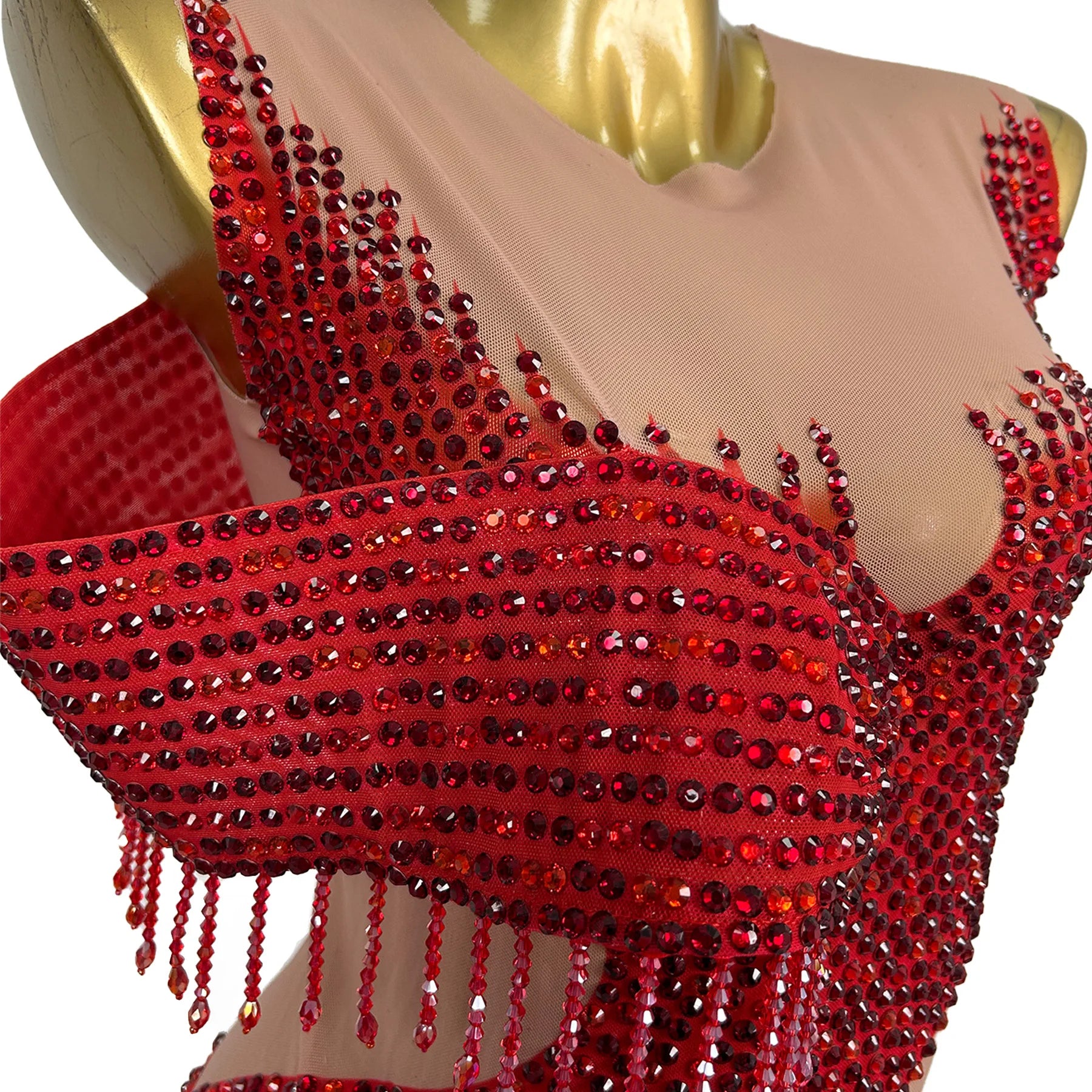 Nightclub Party Luxury See Through Mesh Red Mini Dresses Cocktail Prom Sparkly Rhinestone Sexy Evening Dress Show Outfit