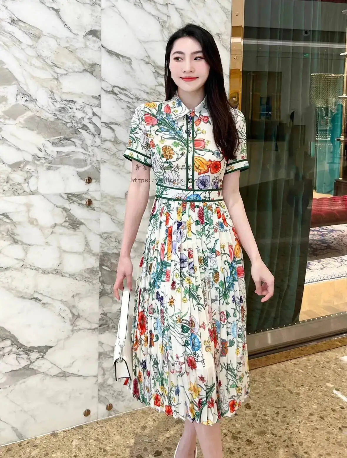 Runway Design Fashion Floral Print Elegant Summer Pleated Midi Long Dress Shirt Street Casual Lady Office Work Dresses