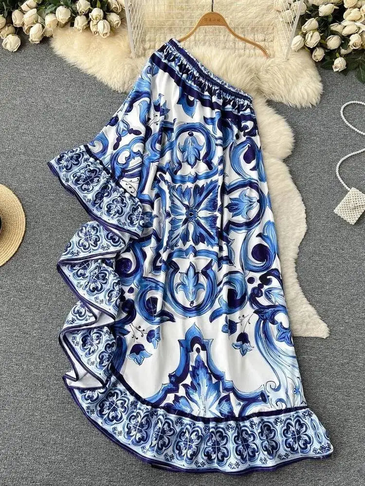 Summer Long Dress Women Runway Blue And White Porcelain Asymmetry Sexy Off The Shoulder Ruffles Hem Loose Robe Maxi Vestidos