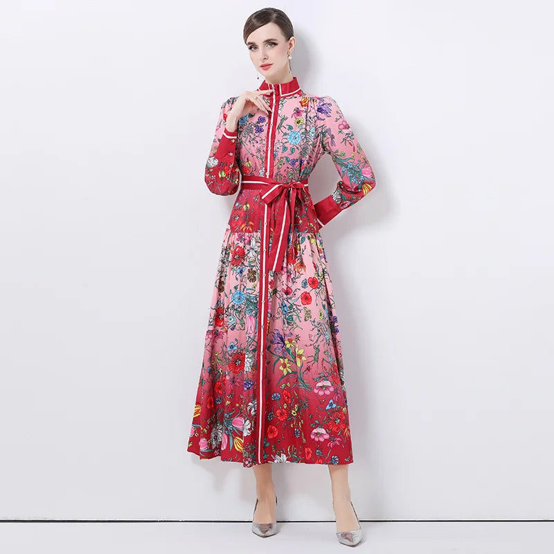 Runway Design Fashion Floral Print Elegant Summer Pleated Midi Long Dress Shirt Street Casual Lady Office Work Dresses