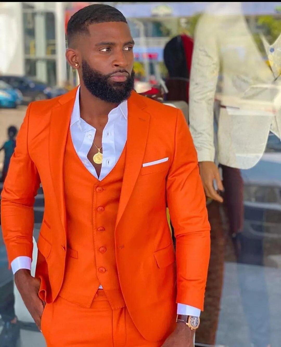 Bright Orange Notch Lapel Men Suit Costume Homme Wedding Dress Tuxedos Terno Masculino Slim Fit Groom Prom Party Blazer 3 Pcs