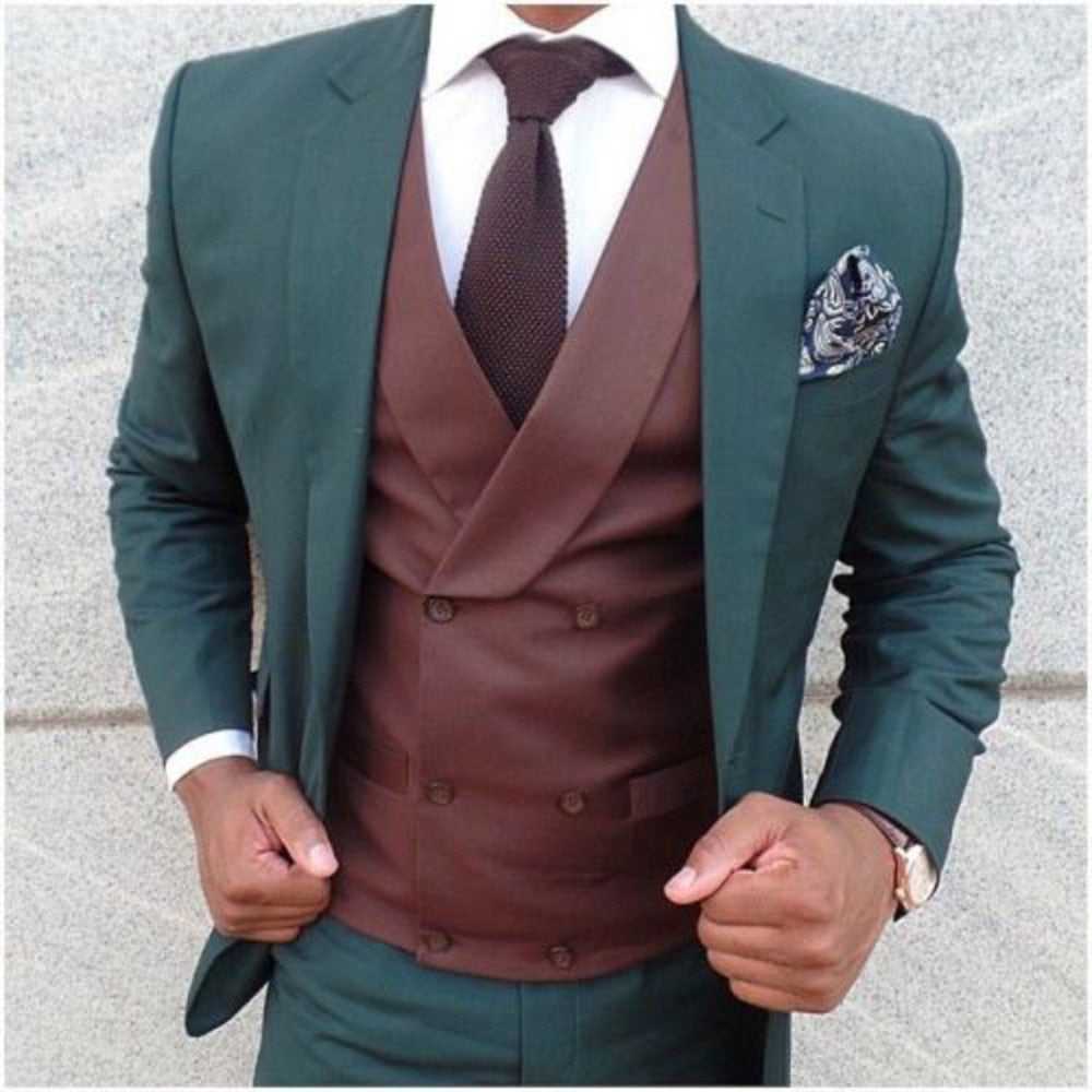 Design Green Burgundy Suit  Double Breasted Vest Slim Fit Casual Tuxedo 3 Pieces Men's Suits ( Blazer+Vest+Pants )