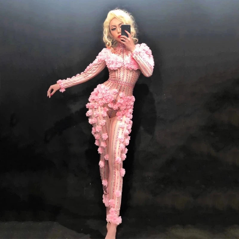 Sexy Dj Pink Flower Bodysuit Costume Evening Crystals Jumpsuit Celebrate Party Wear Singer Stage Performance Gogo Costumes