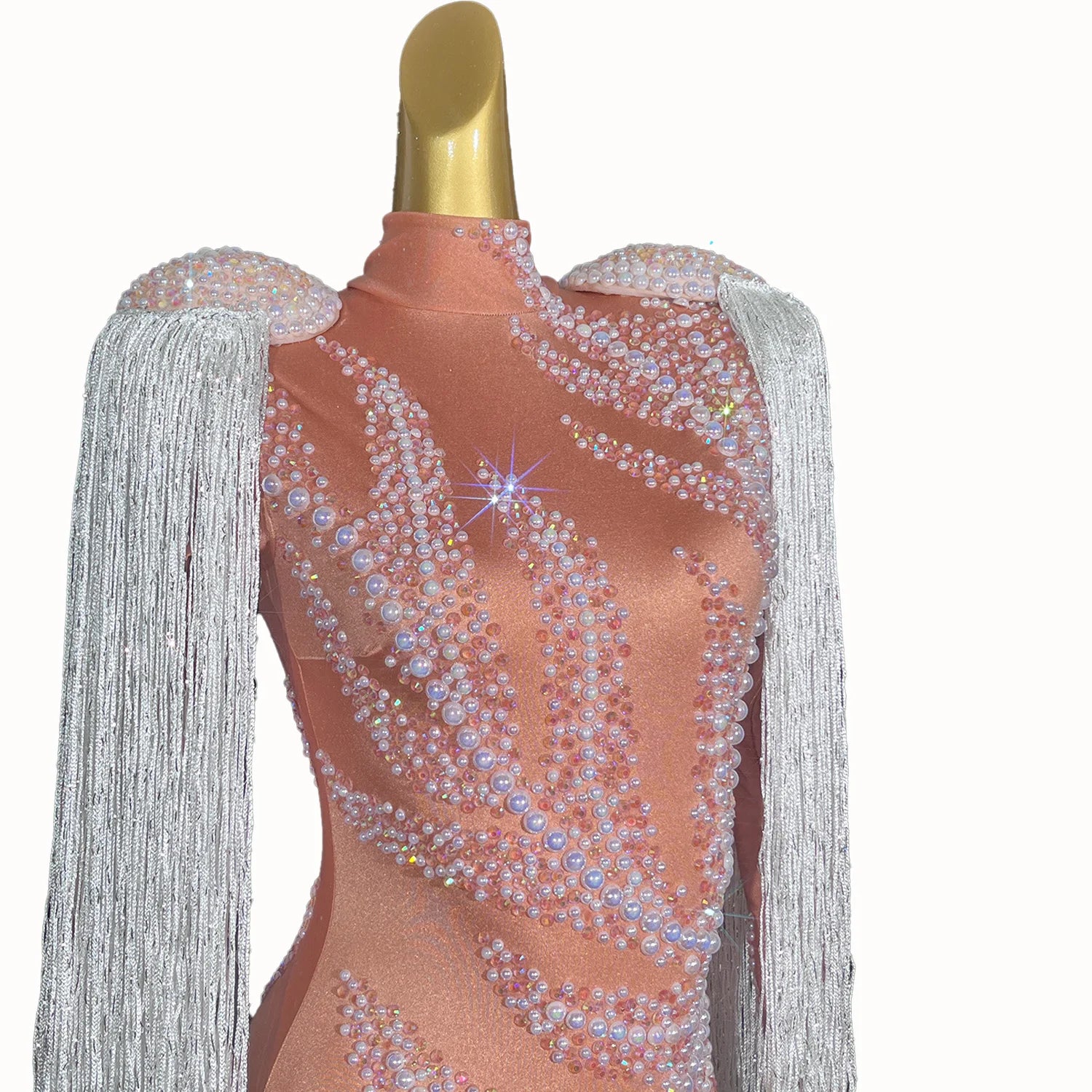 White Pearl Bodysuit Ladies Dance Show Tassel Romper Party Crystal Bodycon Clothing Plus Size Jumpsuits for Women