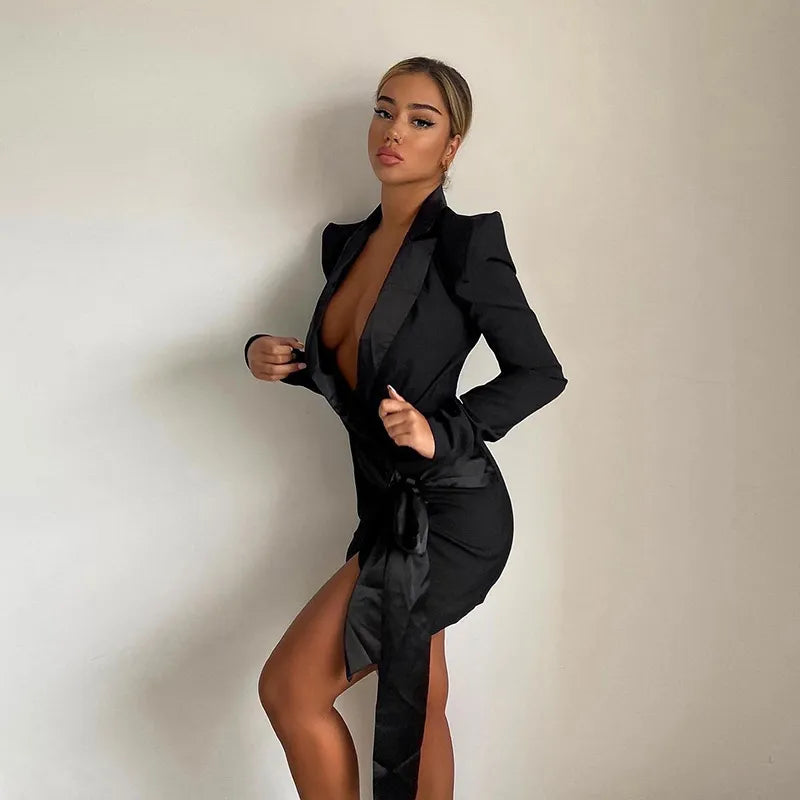 Black Sexy Long Sleeve Bodycon Mini Dress for Women Autumn Elegant Lace Up Blazer Dresses Party Evening Tight Short Dress