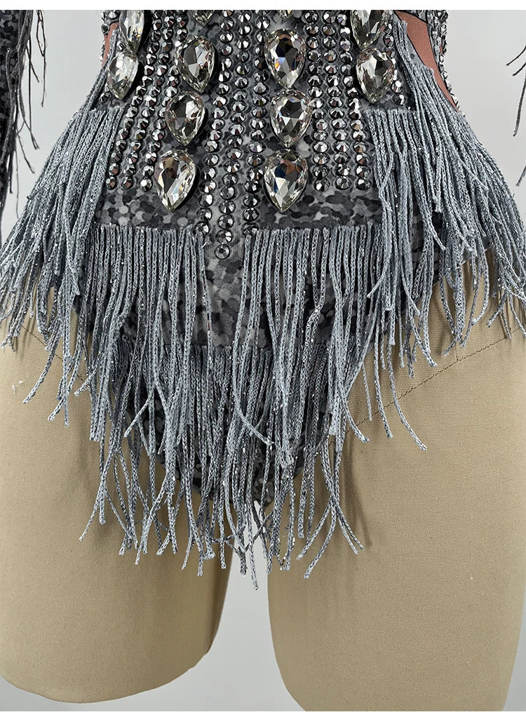 Sparkly Rhinestone silver Fringes Bodysuit Dance drag queen Costume Big Crystals Bodysuit Tassel DJ DS club birthday Party Stage