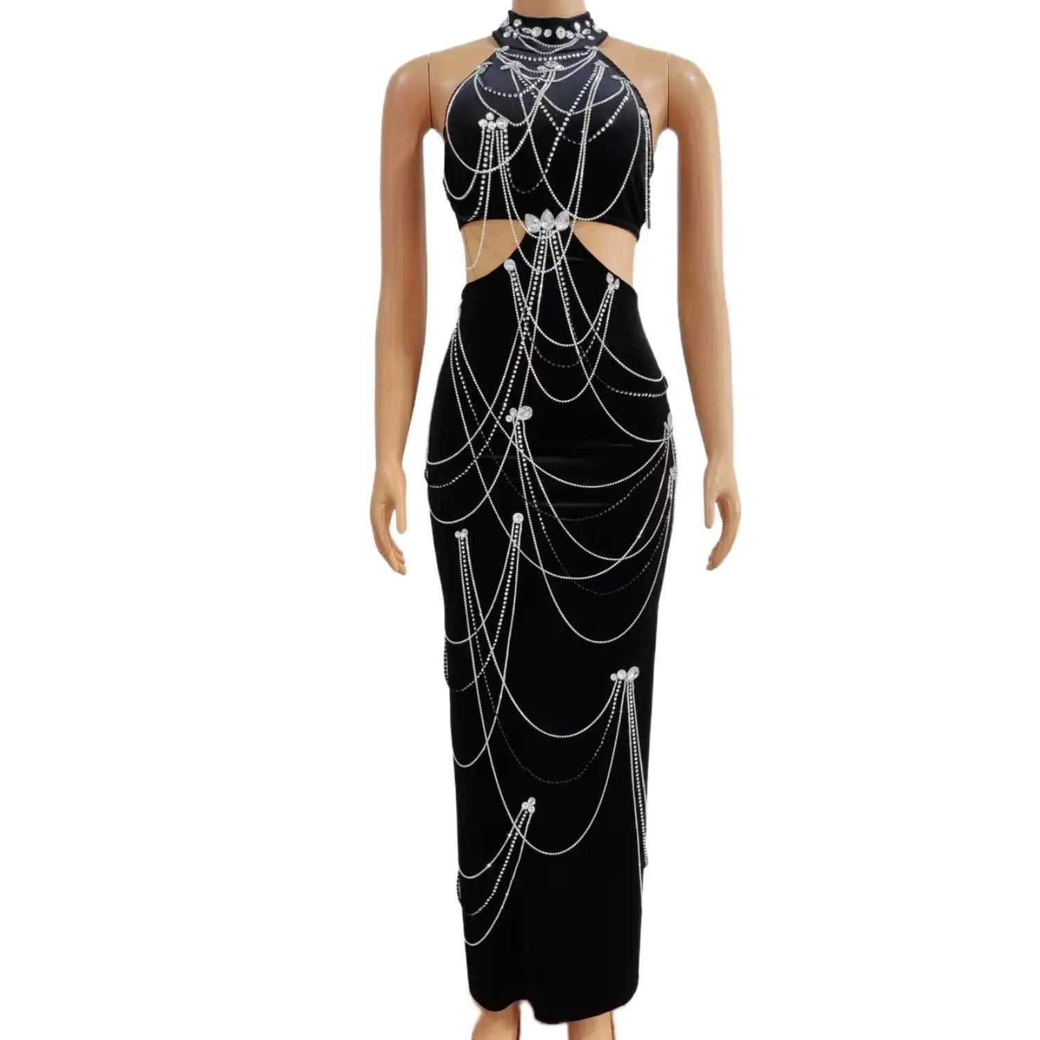 Long Prom Dresses Sexy Black Cut-out Style Luxury Diamond Chain Dresses Black Girl Prom Party Formal Gowns