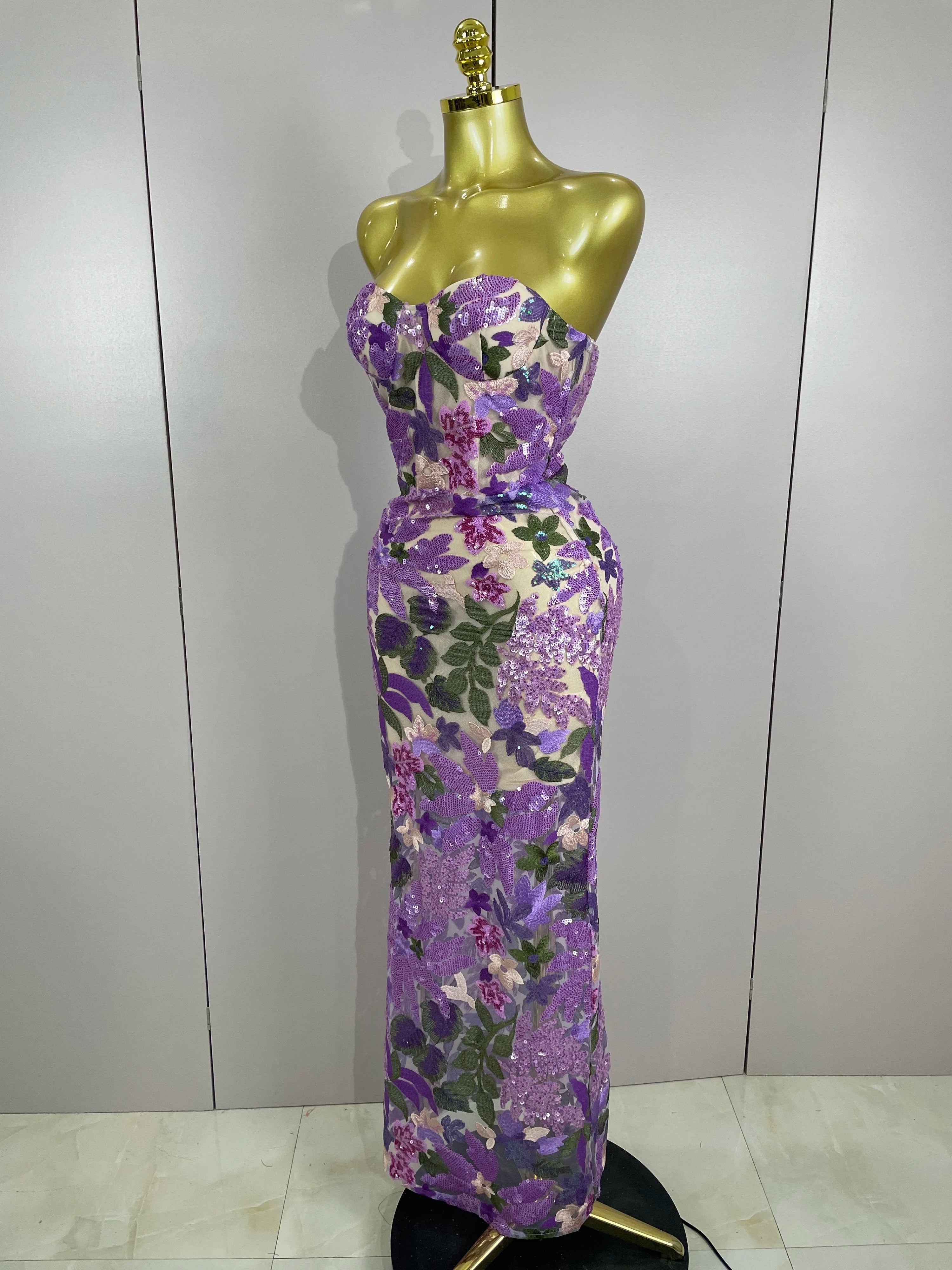 New Sexy Strapless Floral Sequin Long Dress Women Sequins Flower Backless Long Slim Dress Evening Party Runway Gown Dress