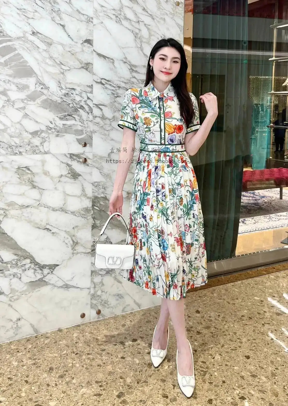 Runway Design Fashion Floral Print Elegant Summer Pleated Midi Long Dress Shirt Street Casual Lady Office Work Dresses