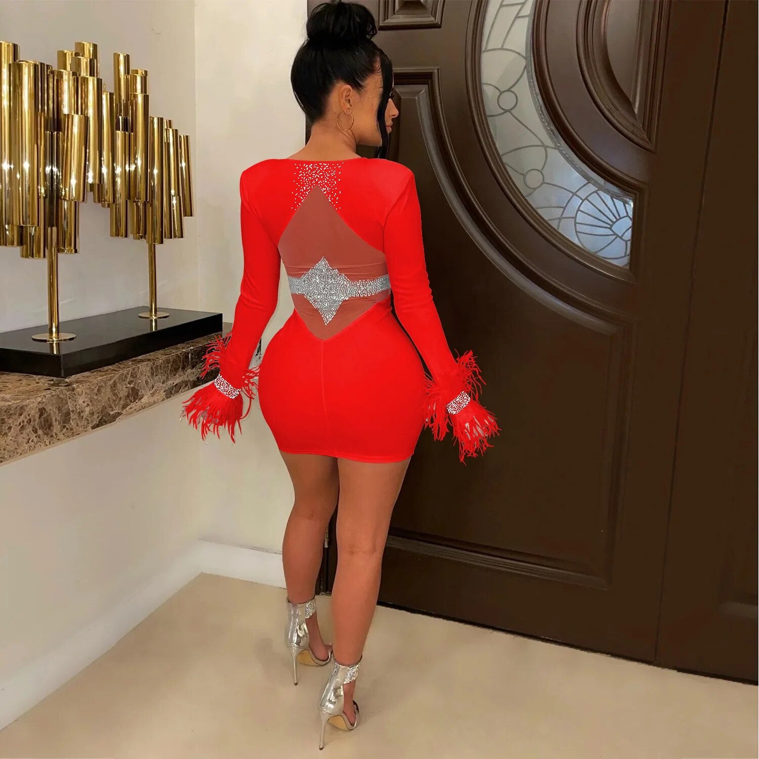 Feather Rhinestone Mesh Bodycon Mini Dress Women Night Club See Through Outfits Party Evening Sexy Diamond Prom Short Dresses