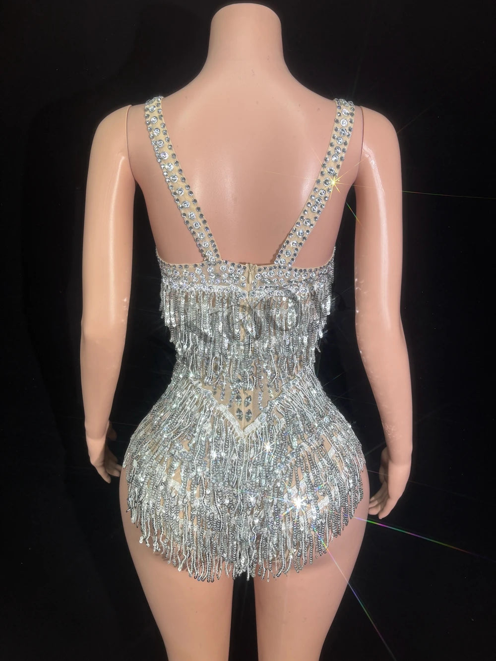 Sparkly Rhinestones Sequins Tassel Bodysuit for Women Sexy See Through Performance Dance Costume Singer Dancer Stage Wear