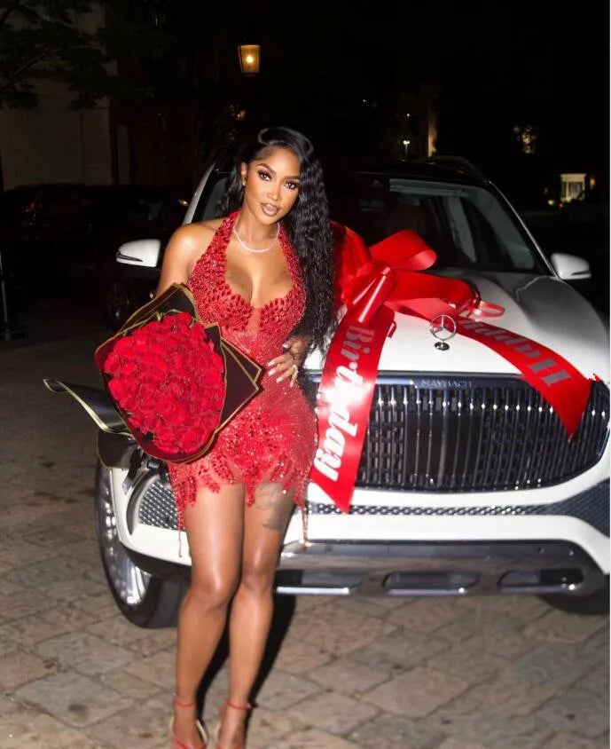 Red Sparkly Mini Evening Cocktail Dresses Luxury Diamond Crystal Birthday Party Homeocming Dress Vestidos De Gala Customsized