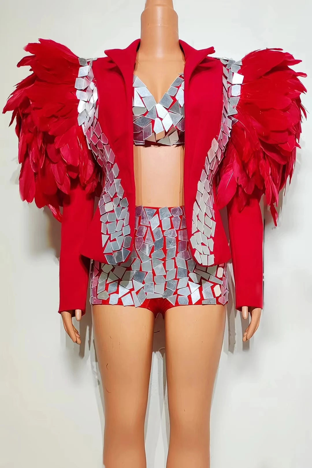 Sexy Mirror 2 Pcs Bikini Shorts Set for Women Summer Beach Celebrate Outfits Las Vegas Show Dance Drag Queen Costume