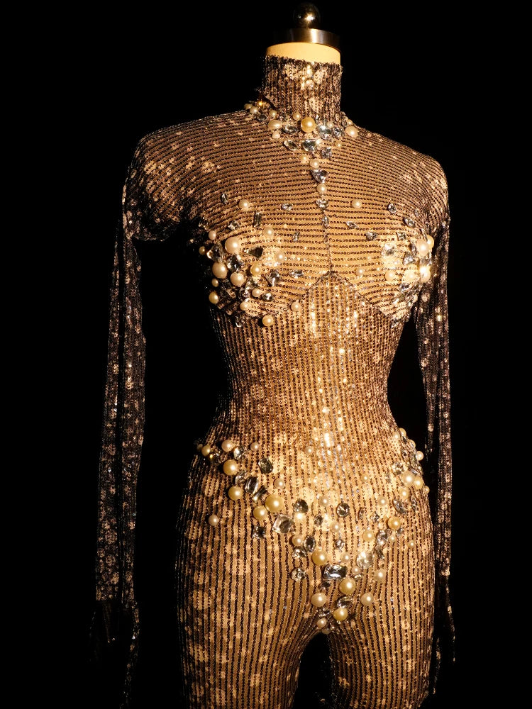 Sexy Black Sequined Jumpsuit Rhinestone Bodysuit Long Sleeves Club Rave Pole Stage Drag Queen Festival Outfits Halloween