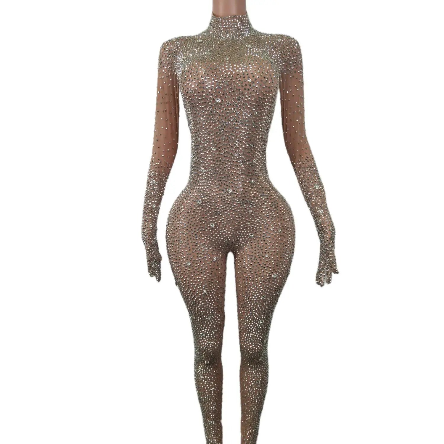 Sexy Shining Gold Rhinestones Jumpsuit Mesh Transparent Birthday Celebrate Bodysuit Nightclub Singer Dance Leggings