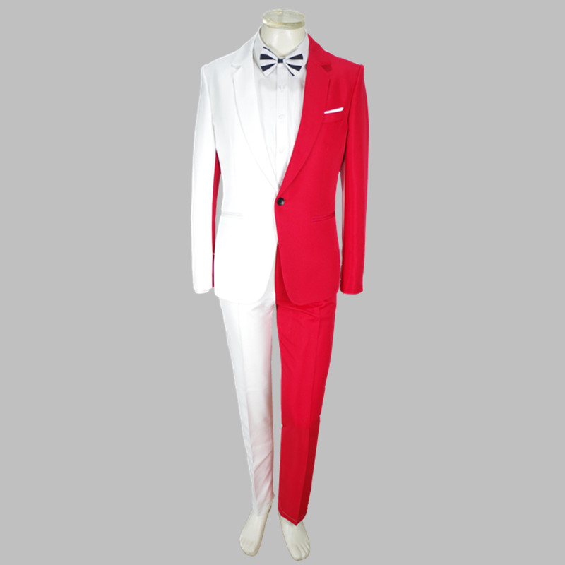 Men's Personality Mixed Color Suit Red Black White Splicing Blazer Pants 2 Piece Set for Stage Singer Chorus Magician Groomsman