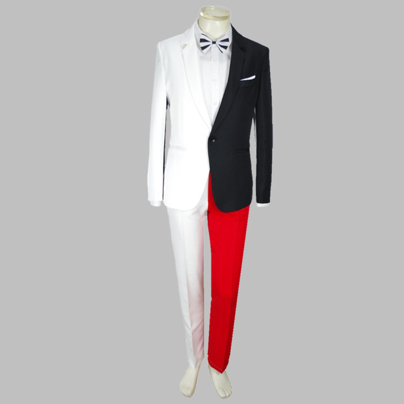 Men's Personality Mixed Color Suit Red Black White Splicing Blazer Pants 2 Piece Set for Stage Singer Chorus Magician Groomsman