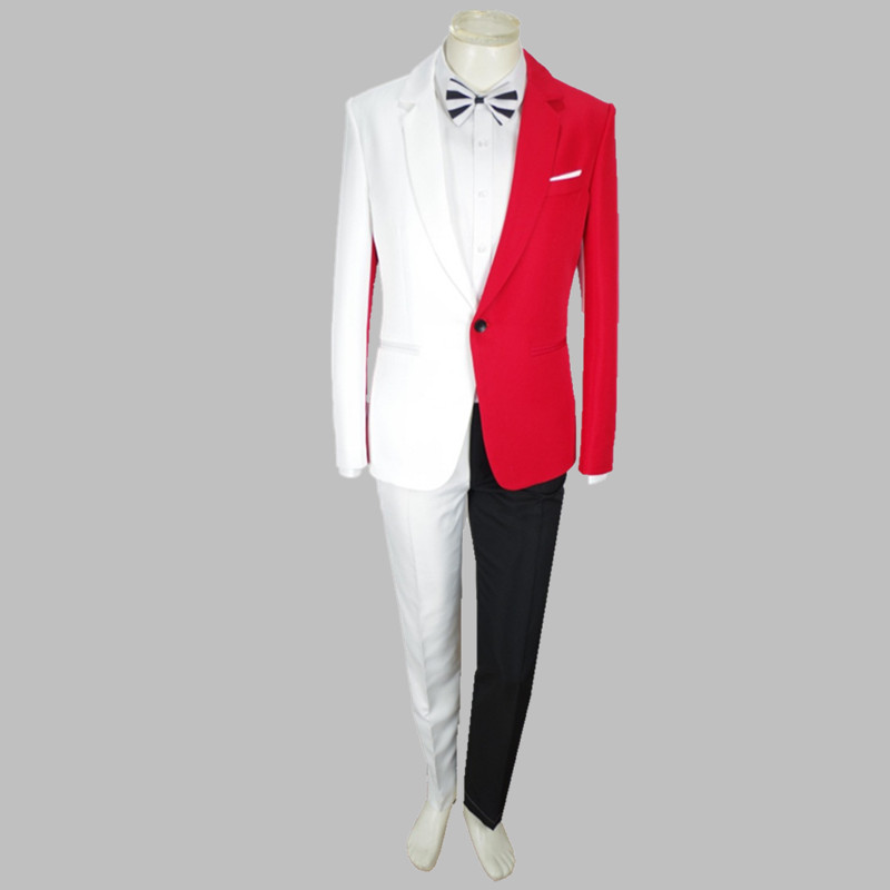 Men's Personality Mixed Color Suit Red Black White Splicing Blazer Pants 2 Piece Set for Stage Singer Chorus Magician Groomsman