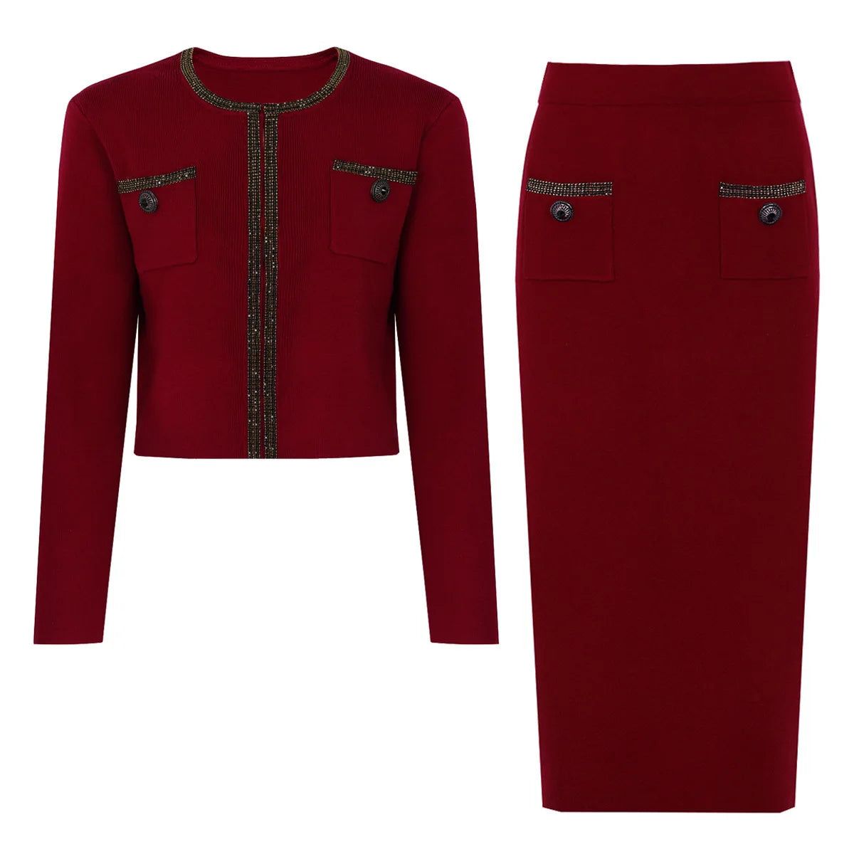 Luxury Crystal Long Evening Dresses Women 2 Piece Women Skirt Suits Beading Knitting Cardigans Sweater Long Pencil Skirts Sets