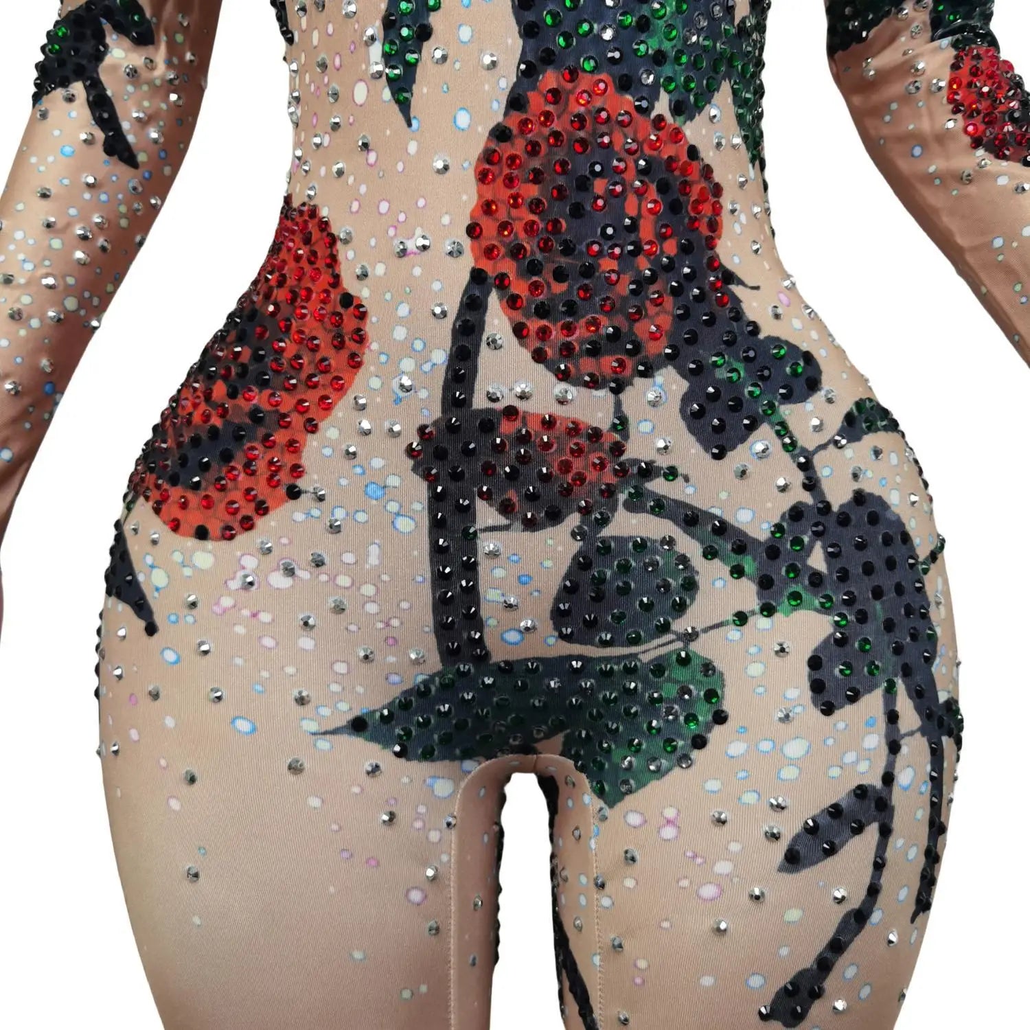 Designer Rose Pattern Rhinestone Bodysuits Stretch Leotard Nightclub DJ Stage Pole Dancing Costumes Women Performance Jumpsuit