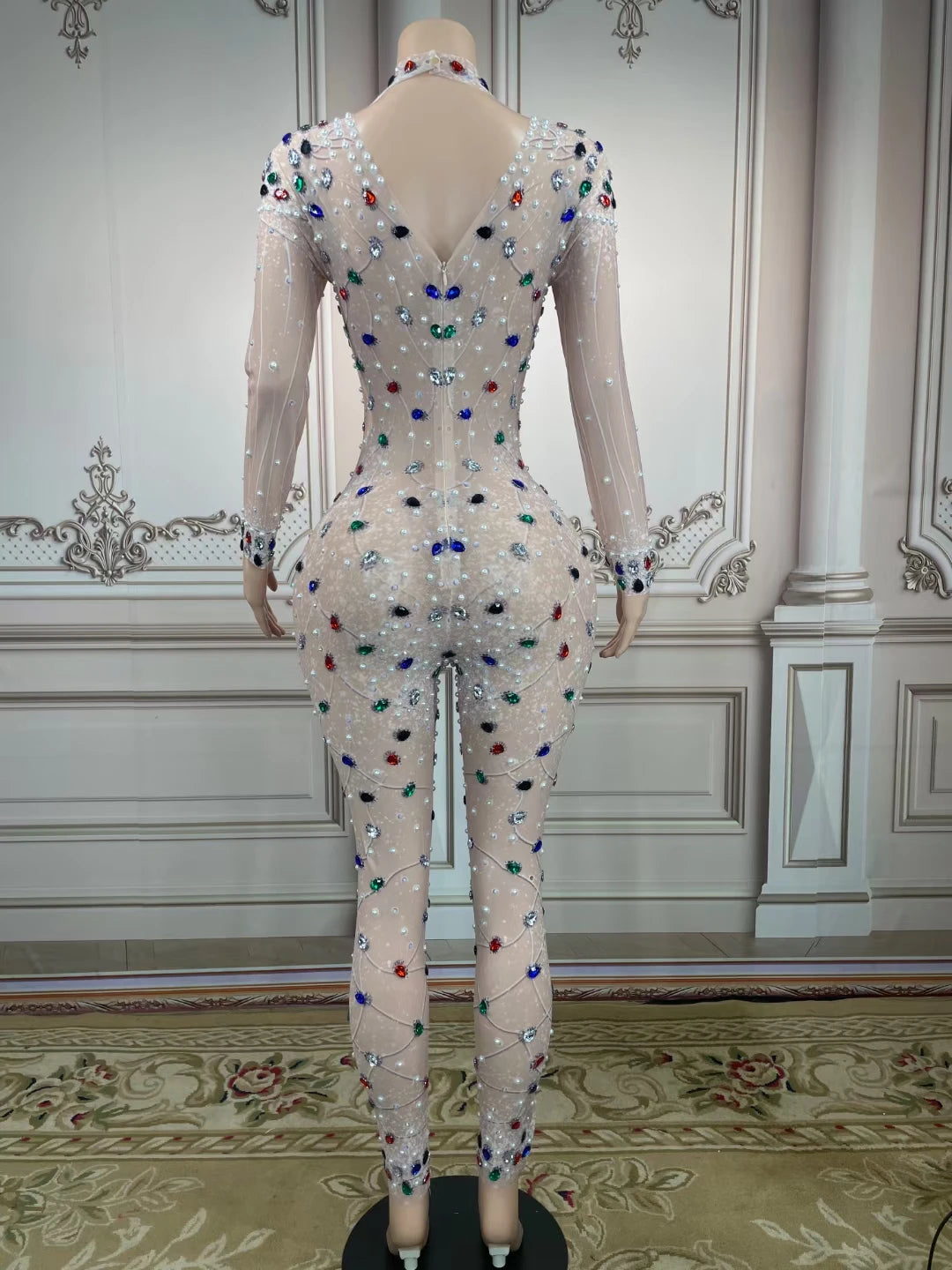 Lady Elegant Long Sleeve Rhinestone Jumpsuit Bling Diamond Beaded Evening Sexy City Dresses Woman Outfit Playsuit