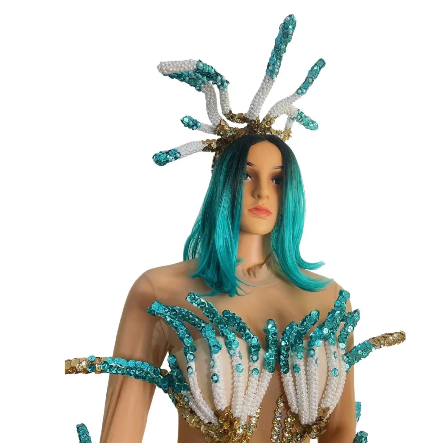 Women Halloween Costumes Crystals Bodysuits Headwear Set gig Party Performance Wear Carnival Rave Festival Drag Costume