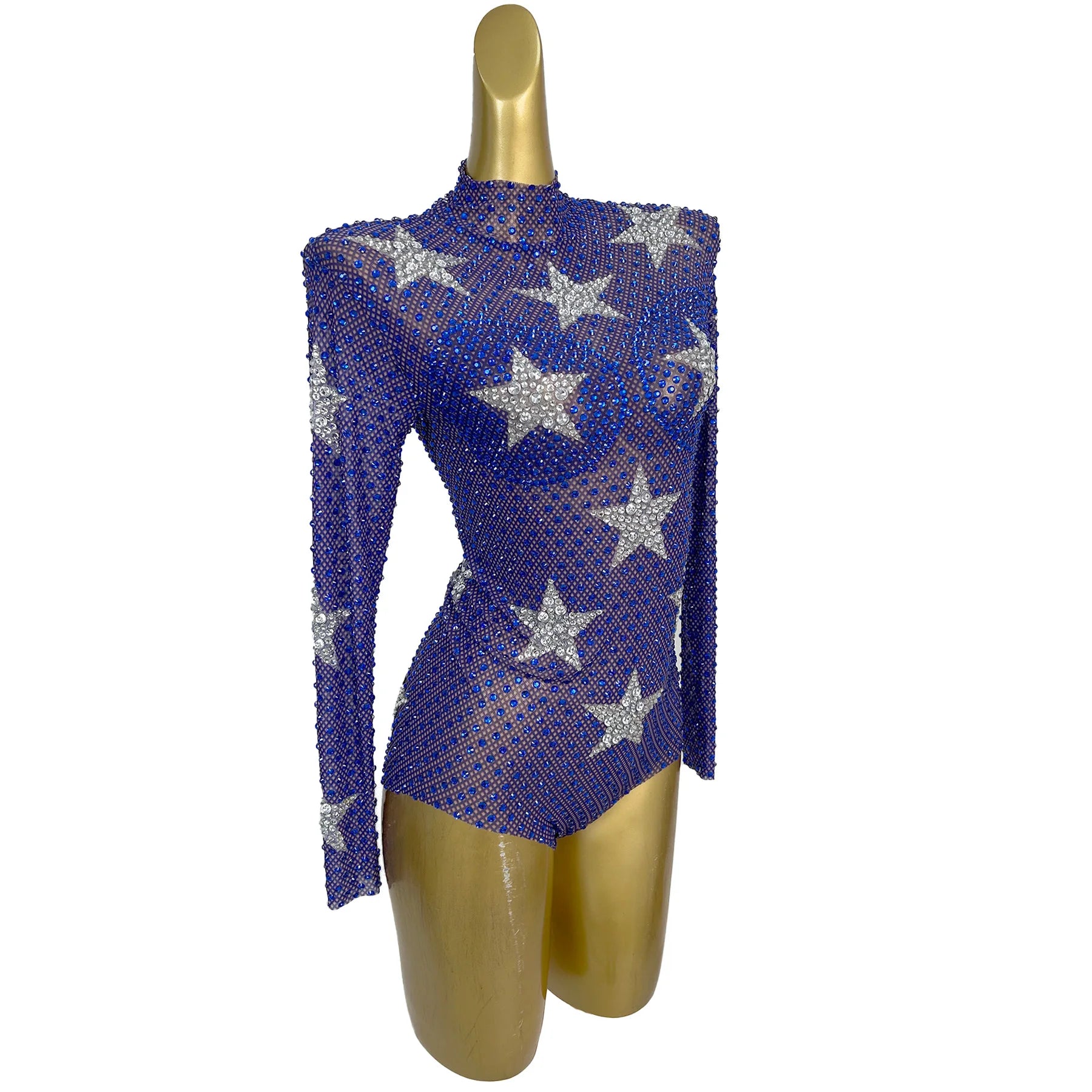 Blue Mesh Star Tight Fitting High Cut Thong Leotard Sexy Women Dance Show See Through Mesh Sparkly Rhinestone Bodysuit