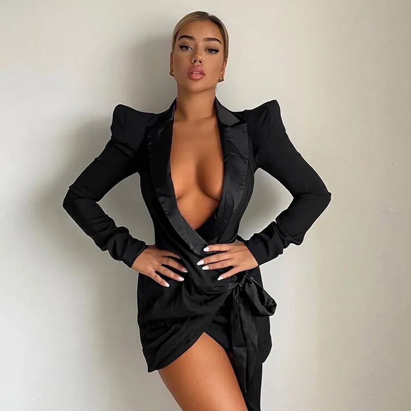 Black Sexy Long Sleeve Bodycon Mini Dress for Women Autumn Elegant Lace Up Blazer Dresses Party Evening Tight Short Dress