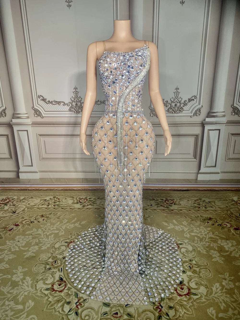 Women Sexy Mesh Photo Shoot Wear Luxurious Crystals Rhinestones Chains Evening Prom Celebrate Birthday Floor-length Dress