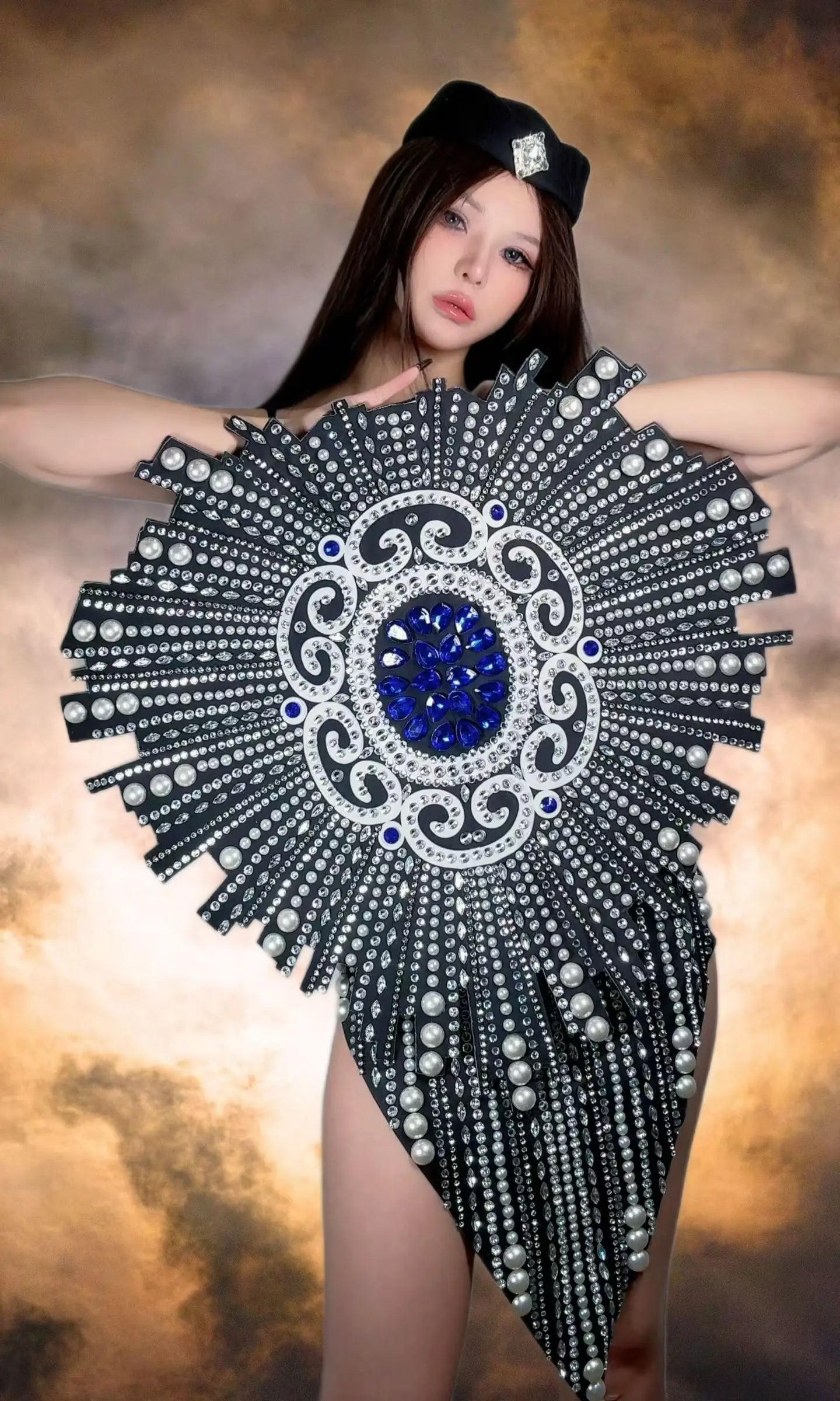 Showgirl Dance Sparkly Rhinestone White Pearls Black Bodysuit Club Drag Queen Performer Wear Masquerade Dress-up Outfit