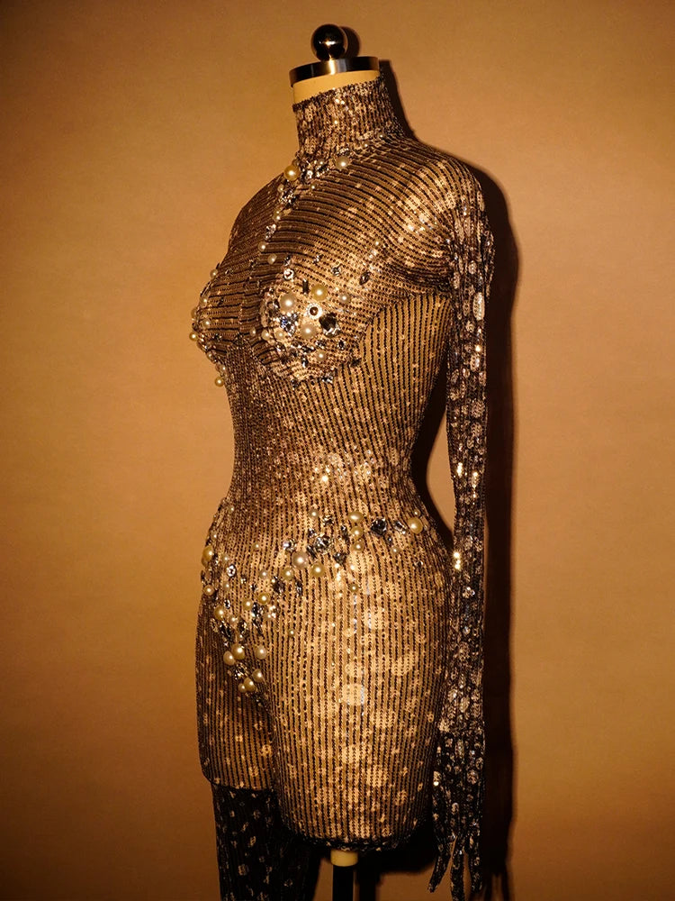 Sexy Black Sequined Jumpsuit Rhinestone Bodysuit Long Sleeves Club Rave Pole Stage Drag Queen Festival Outfits Halloween